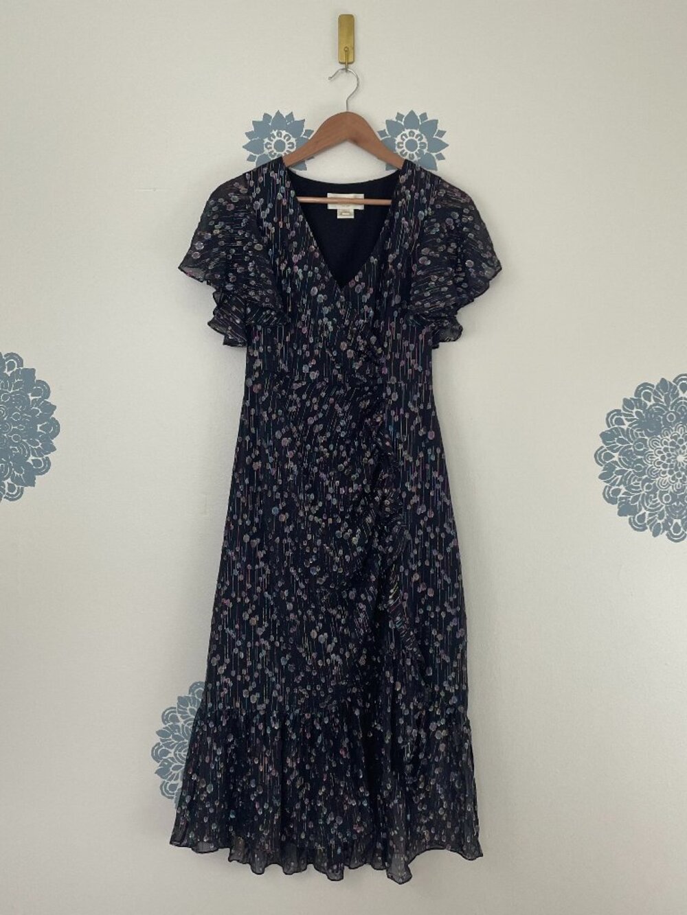 Anthropologie Mestiza Valora Metallic Ruffle Midi Dress Size 4